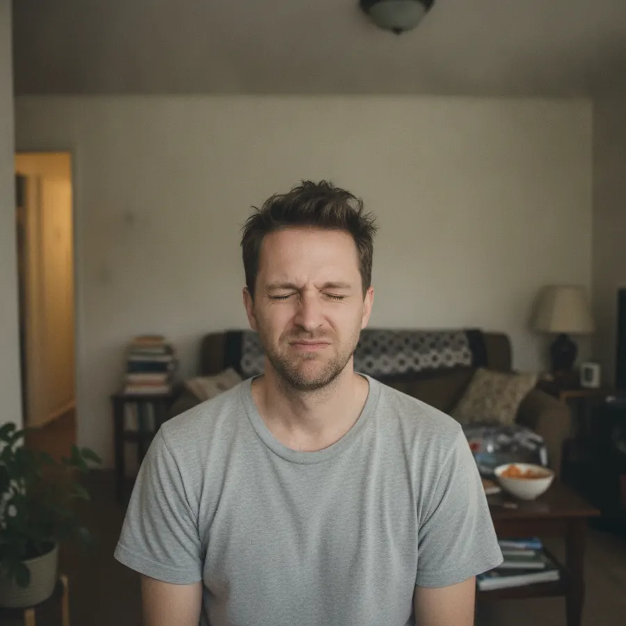 Before: a man in a living room with his eyes squeezed shut, mid-blink.